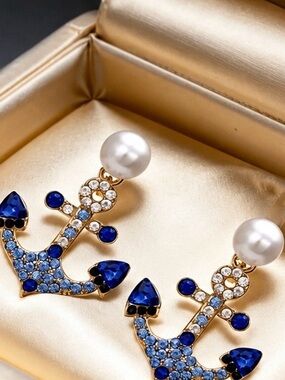 Nautical Sapphire Pearl Anchor Earrings